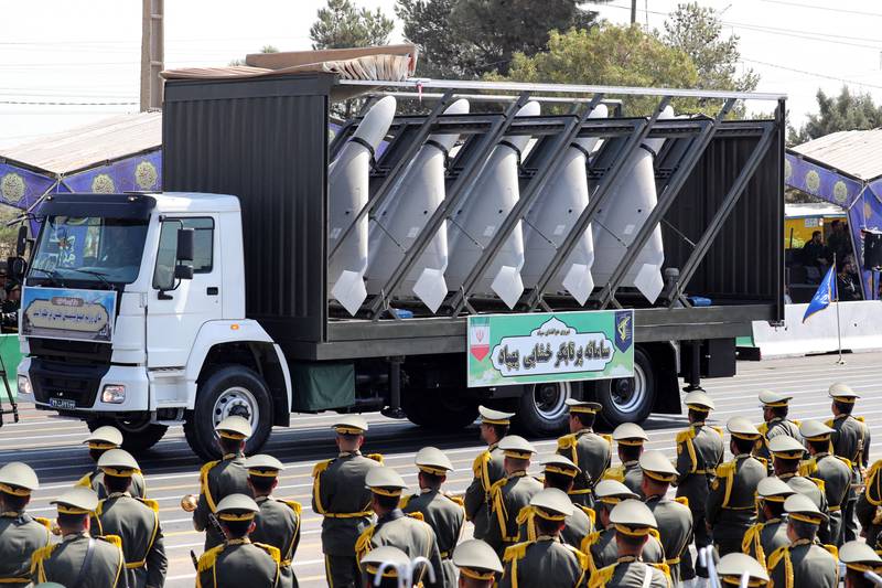 A truck carries Iranian drones during an annual military parade in Tehran on Sept. 22, 2023.