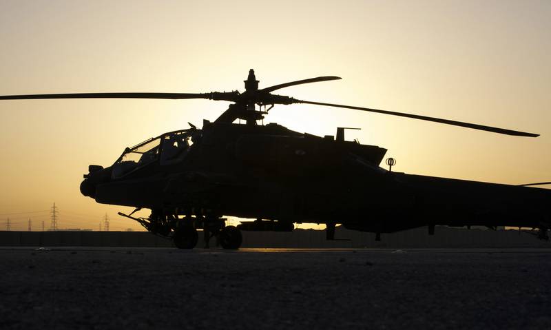 A U.S. Army AH 64E Apache helicopter undergoes pre-flight checks before flying at Camp Erbil, Iraq, Jan. 10, 2017.