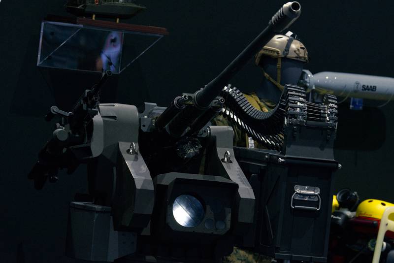 A Trackfire Remote Weapon Station made by Saab is seen on the West 2024 show floor Feb. 13, 2024.