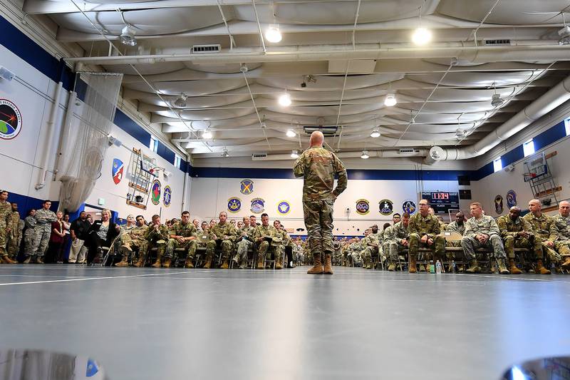 Gen. Jay Raymond, Air Force Space Command commander, briefs airmen during an all-call at Schriever Air Force Base, Colorado, July 29, 2019.