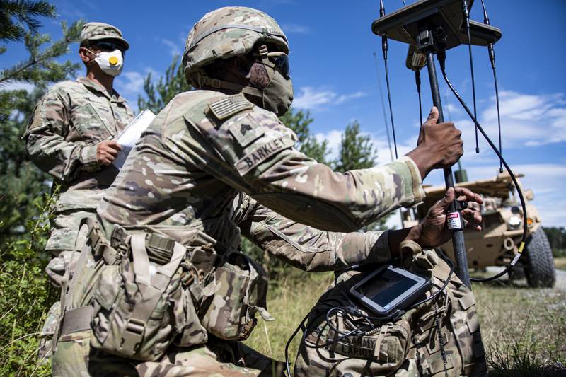 Sgt. Cameron Barkley, a U.S. Army paratrooper, uses electronic warfare equipment during the development of a new training module for the service in 2020.